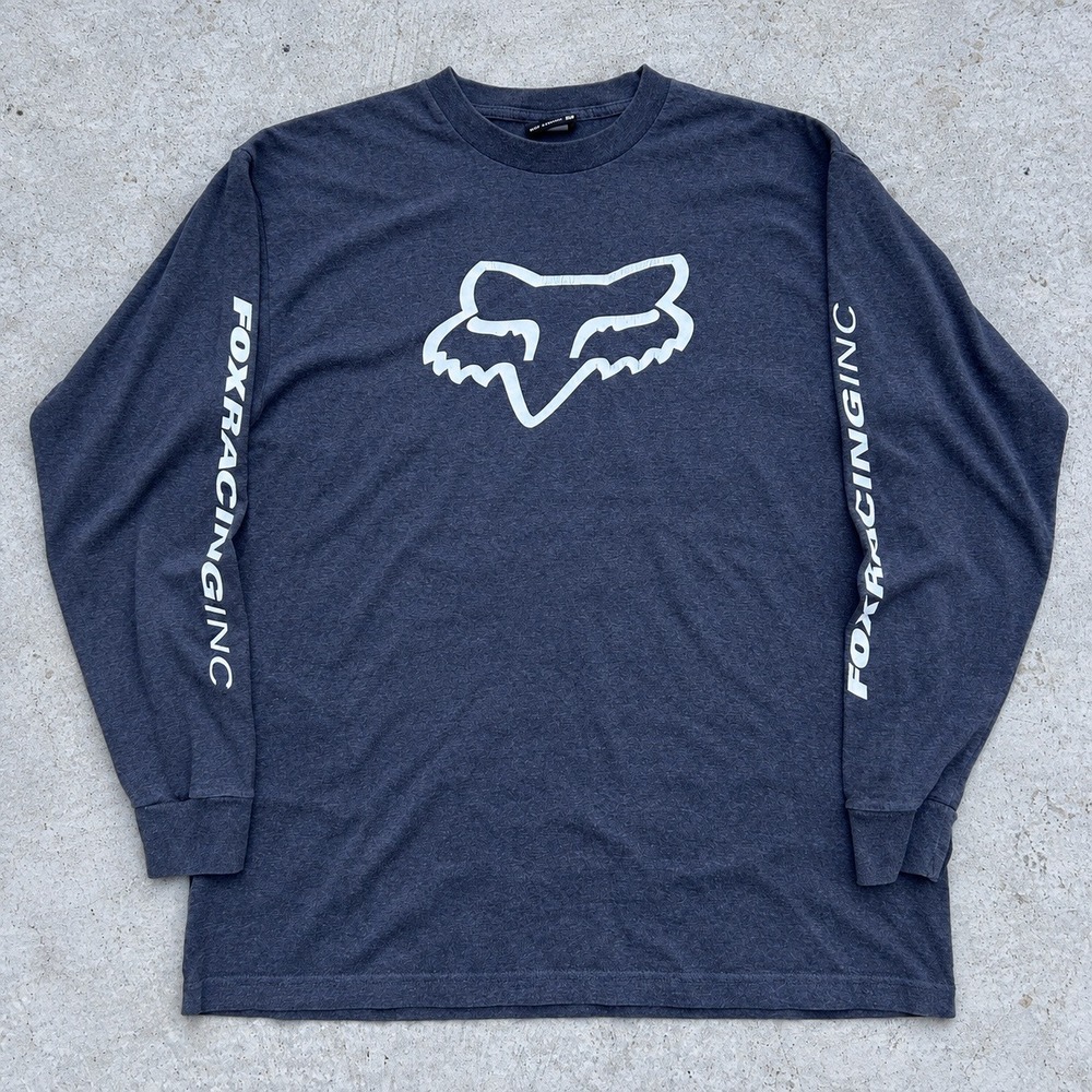 Fox Racing Long Sleeve Shirt XL Grey Y2K Streetwear Spellout Sleeve Hits Faded